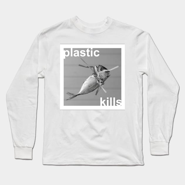 'Plastic kills' typography in a design with a dead fish strangled by plastic straws. Long Sleeve T-Shirt by Earthworx